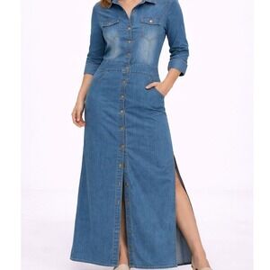 HAODUOYI Women's Denim Maxi Dress Long Sleeve Collared Button Down‎ Size M